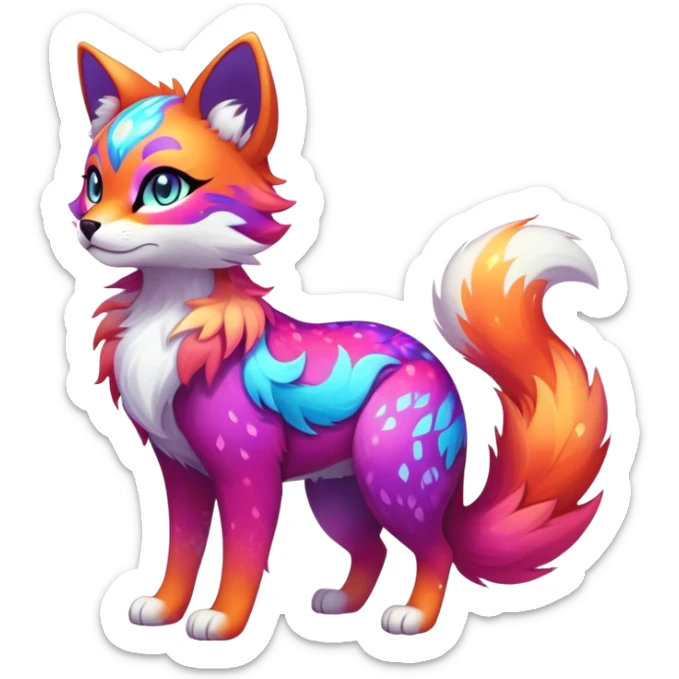 Vibrant multicolored neon-colored Falvie-Fionbri-creature-sparkle-feline-canine-hybrid-fursona, full body, fur pattern-markings sticker