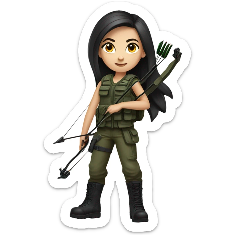 girl with black tactical vest, armed with bow and arrow, long dark hair, bright blue eyes, light skin, army green cargo pants, black tank top, black combat boots, slim sticker