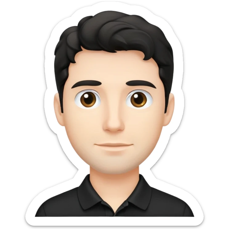 Caucasian man with black wavy hair wearing a black polo shirt sticker