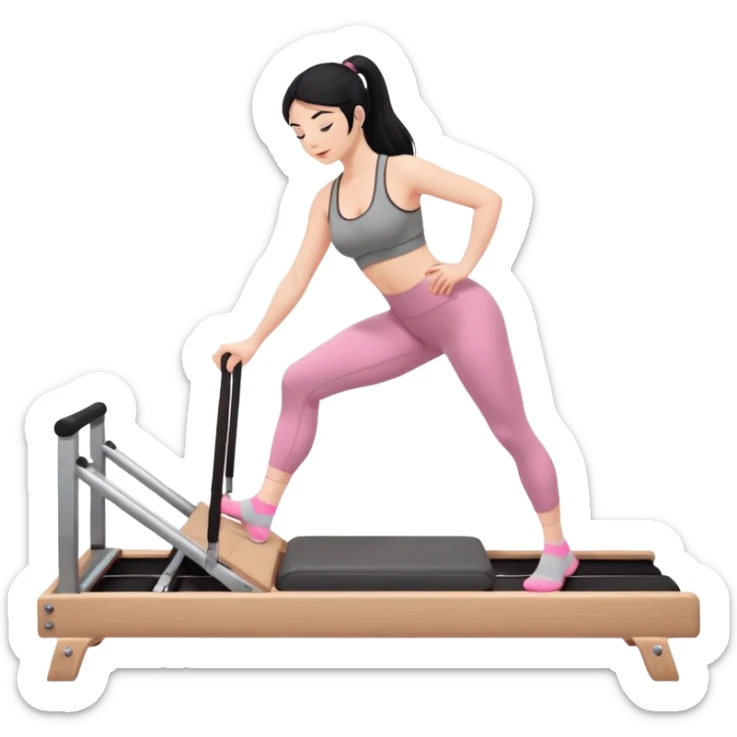 Create a Pilates emoji: a girl with fair skin and black hair, wearing a grey bra and grey leggings with pink pilates socks, on all fours on a wooden reformer. Make it look at the reformer. Make the colors neutrals. sticker