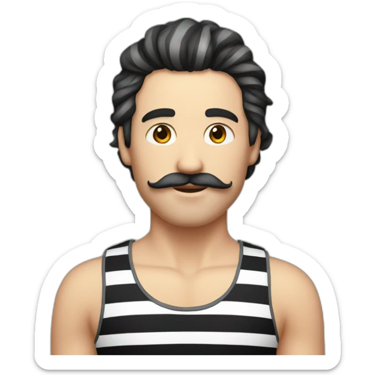 long hair male with moustache and striped tank top with black and red lines sticker