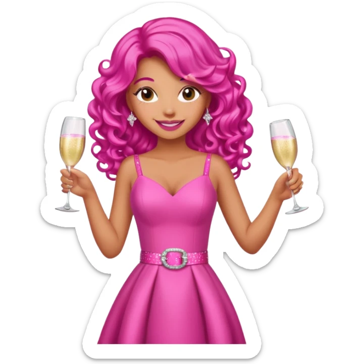 One lady with long hot pink curled hair and tan skin wearing a pink dress with sparkly belt holding a glass of pink champagne in each hand smiling cheerfully  sticker