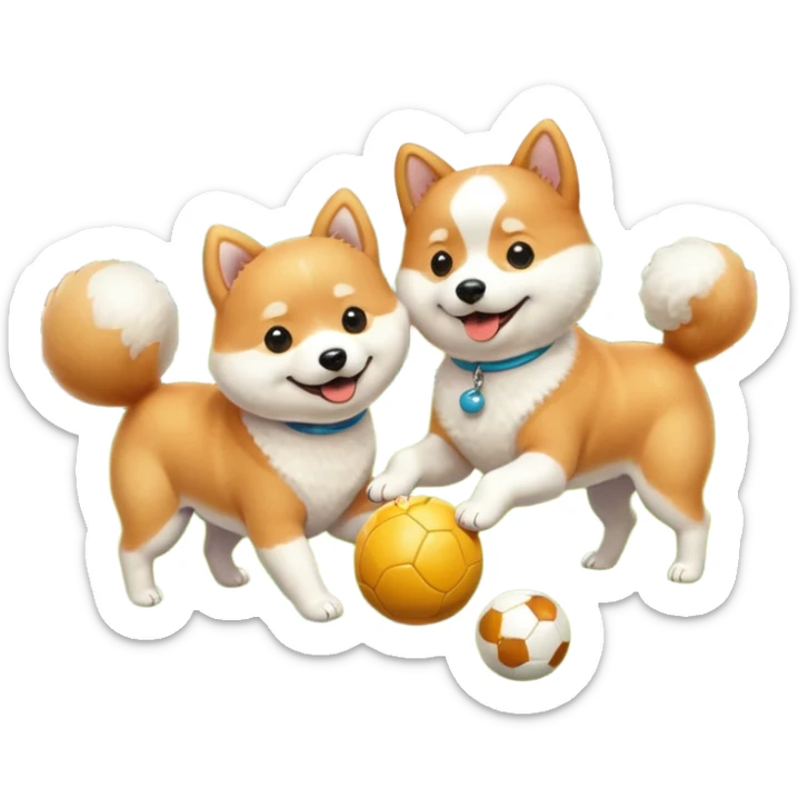 2 dogs, one ginger shiba inu et one white bichon, playing with a ball in a sunny garden sticker