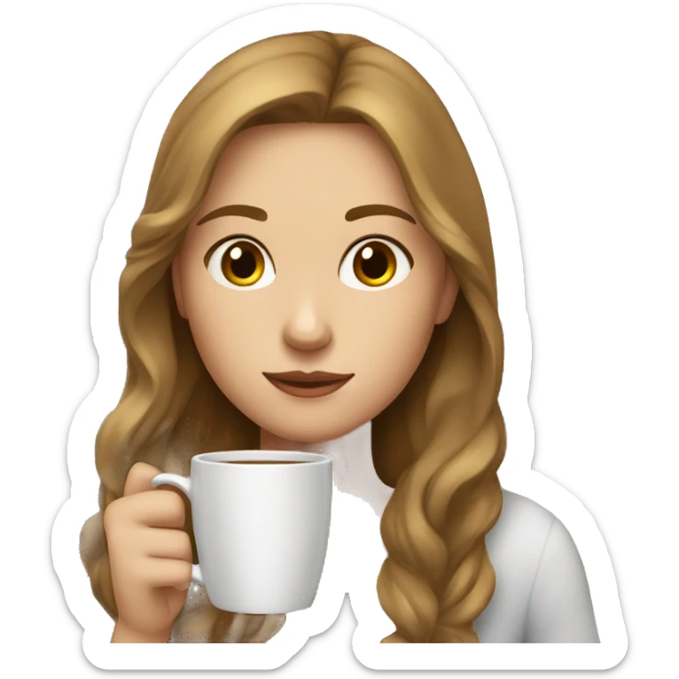 A girl with light brown hair, medium length, brown eyes, and white skin, drinking coffee without attention sticker