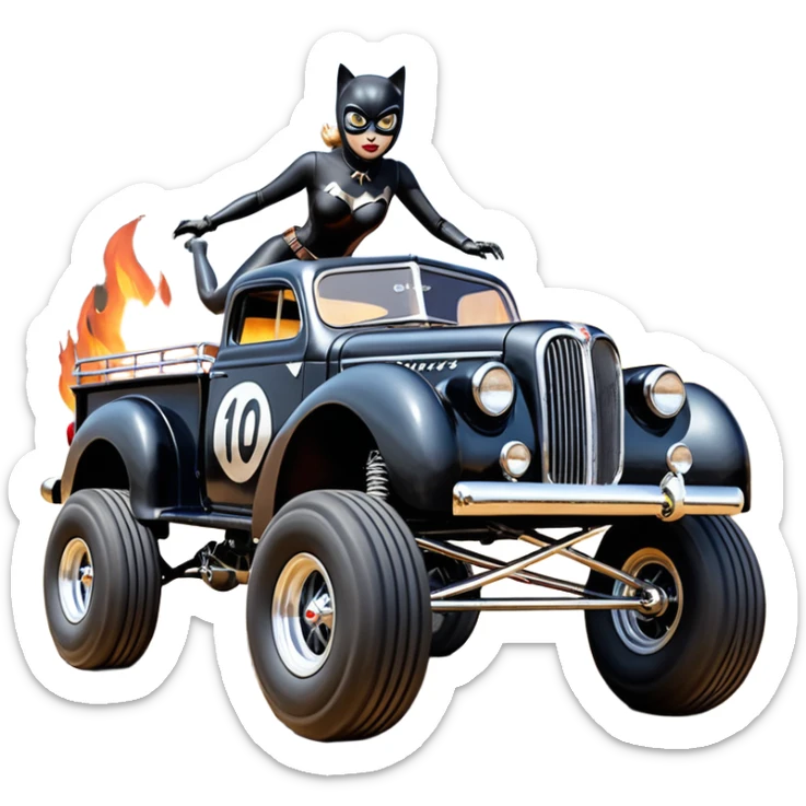 1:10 off-road lcg burning ramp-jumping Basher Wednesday Adam’s CatWoman’s 1954 blackened tarnished hotrod ford jaguar rc pickup (extra wide low-profile pin tires without fenders) sticker