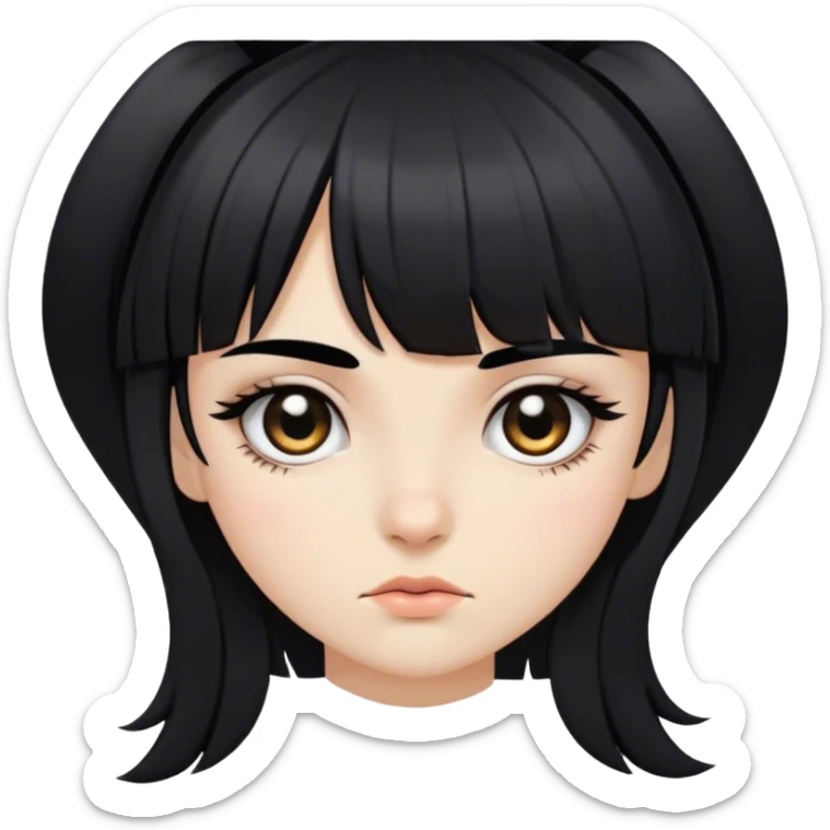 Chica blanca, cabello largo con cerquillo corto por arriba de las cejas color negro, y tres tajos en la ceja  sticker