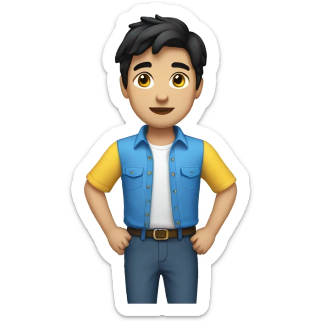 emoji of a boy with full black hair, white, brown eyes wearing a blue shirt with yellow sleeves sticker
