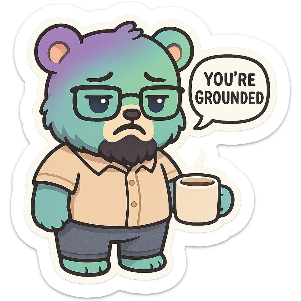 A realism art illustration art style of a plus-sizes teddy bear  with purple to green ombre streak, black beard, blue eyes, glasses, dressed like a dad, holding a coffee mug, You’re grounded speech bubble, frowning  sticker