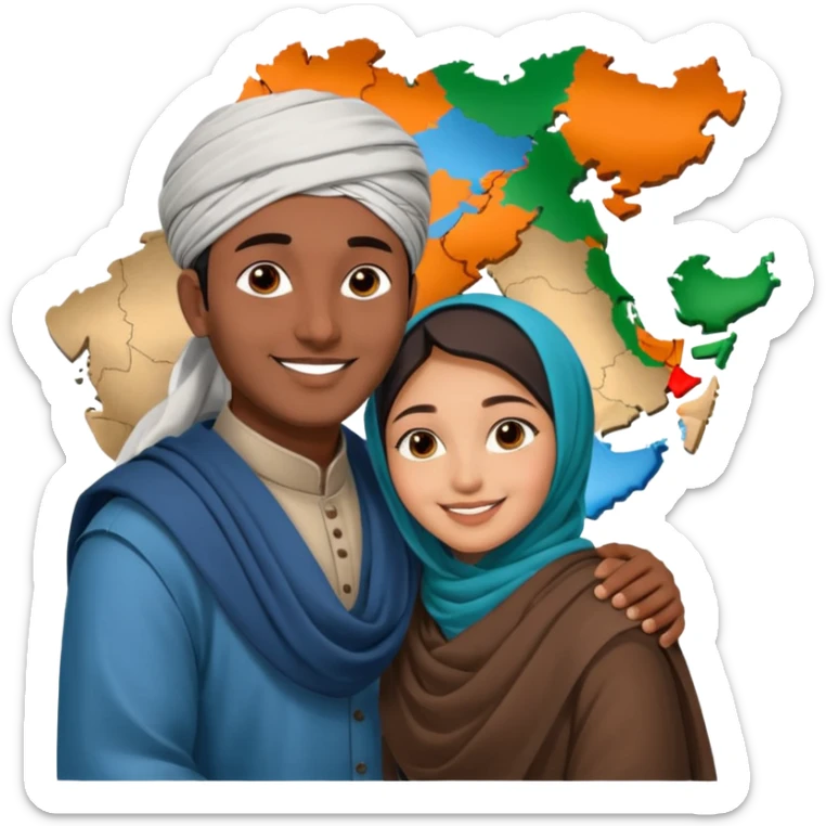 An emotional artistic illustration of an Indian man and an Afghan hijabi girl standing on the maps of India and Afghanistan, symbolically embracing despite the distance, showing love beyond borders. sticker