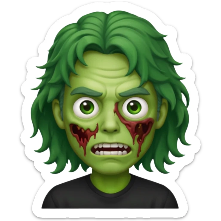zombi emoji man with a wavy medium hair, mouth, nose, green skin, black shirt sticker