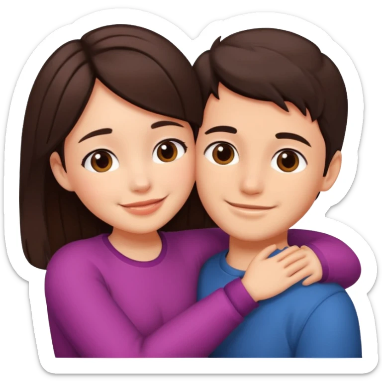 Girl and boy couple Both peach skin and darkish brown hair hugging emoji sticker