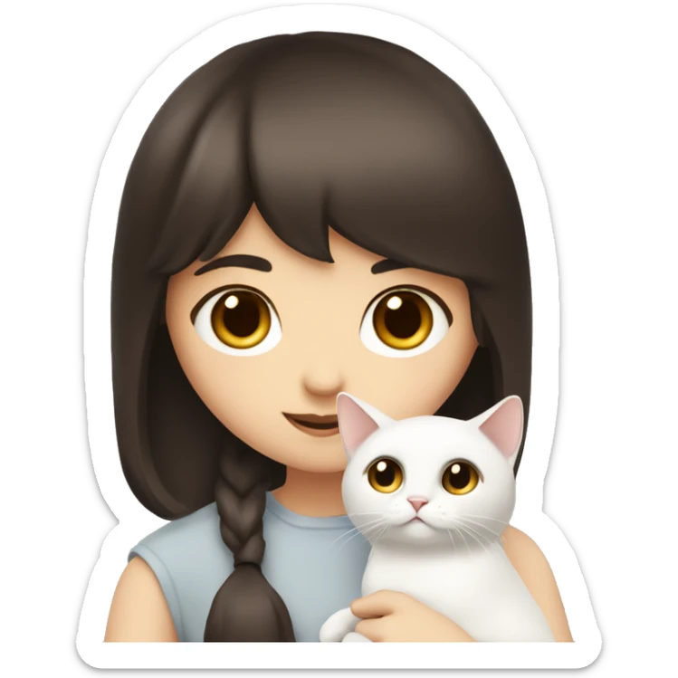 A pale girl with dark brown hair and dark brown eyes and bangs holds a white cat in her hands sticker