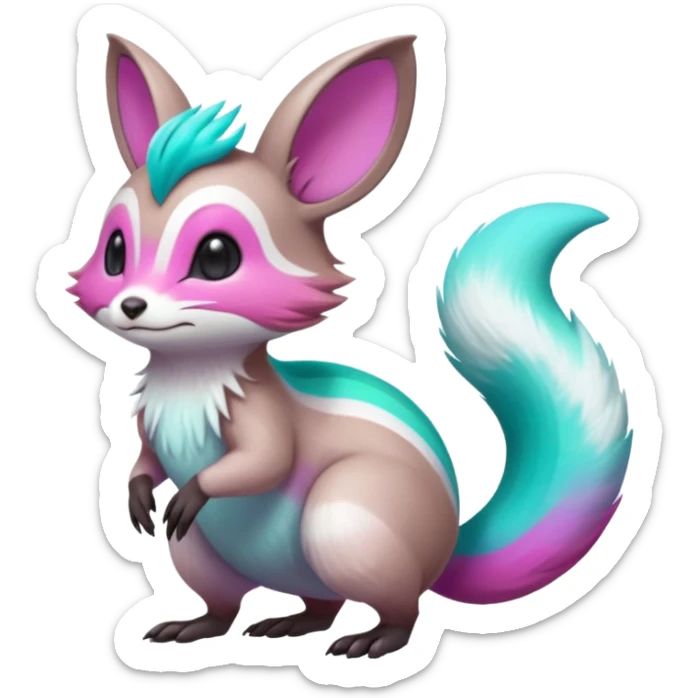 Iridescent Neon Green-Cyan-Magenta-gradients Minccino-Emolga-Numbat-Sergal-fusion-hybrid-animal-creature, full body sticker