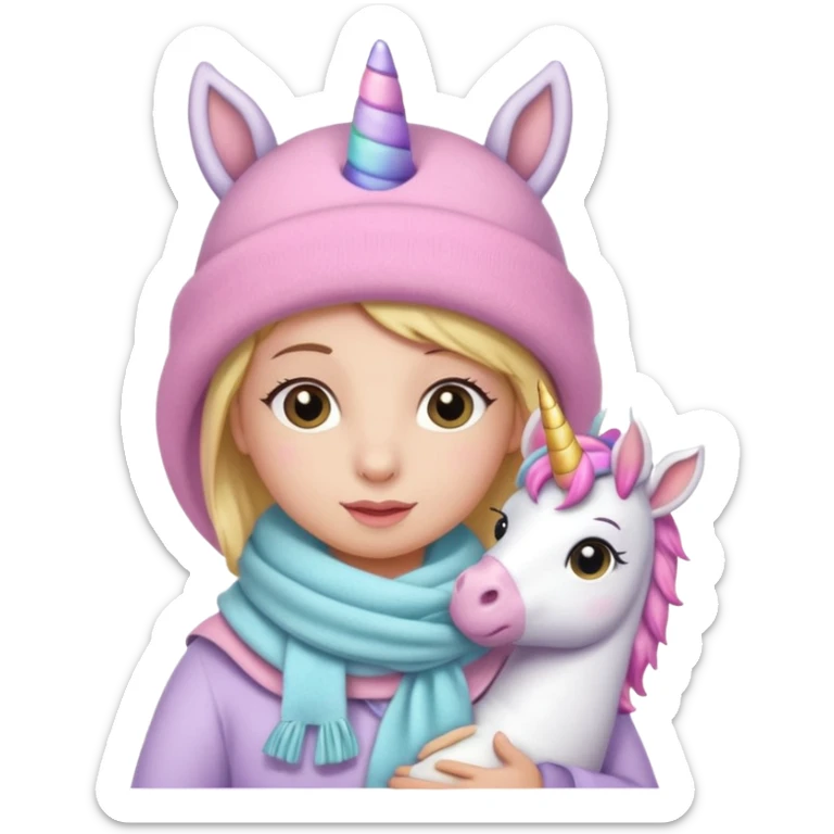Una cebra bebé con una mamá unicornio abrigados, bufanda y gorro, estilo infantil muchos colores tonos pastel sticker