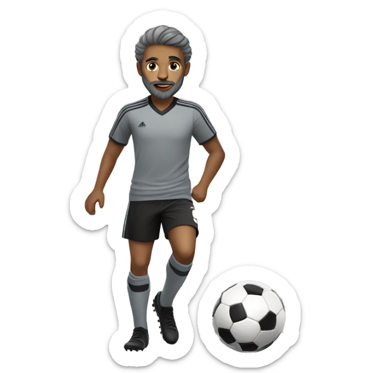boy in gray soccer uniform and black shorts with gray beard  and hair kicking a soccer ball sticker