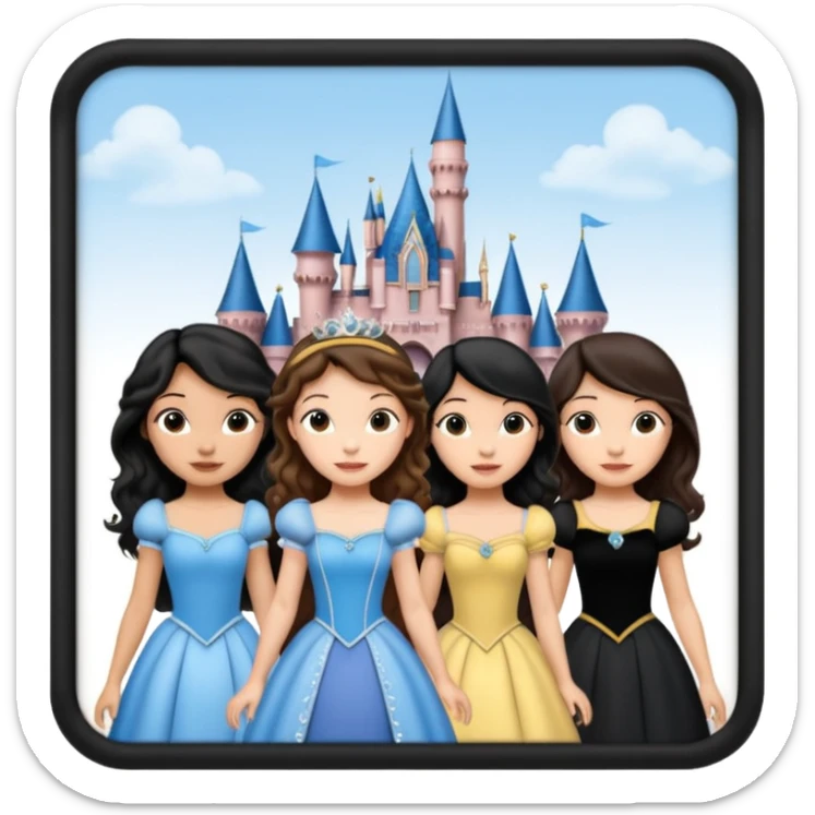 Quiero que crees una imagen donde este el castillo de Disney y por detrás o delante pon a 4 chicas: una con el pelo largo rizado marrón , otra con el pelo muy corto negro, otra con el pelo mediano liso marrón y otra con el pelo negro largo liso sticker