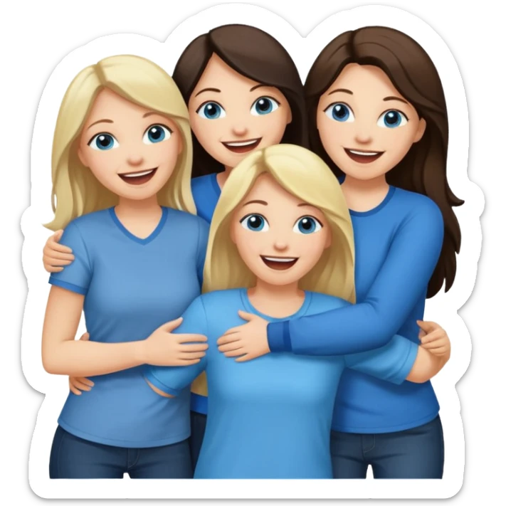 four adult white women laughing and hugging.  Two have long dark brown hair.  Two have blonde hair and blue eyes. sticker