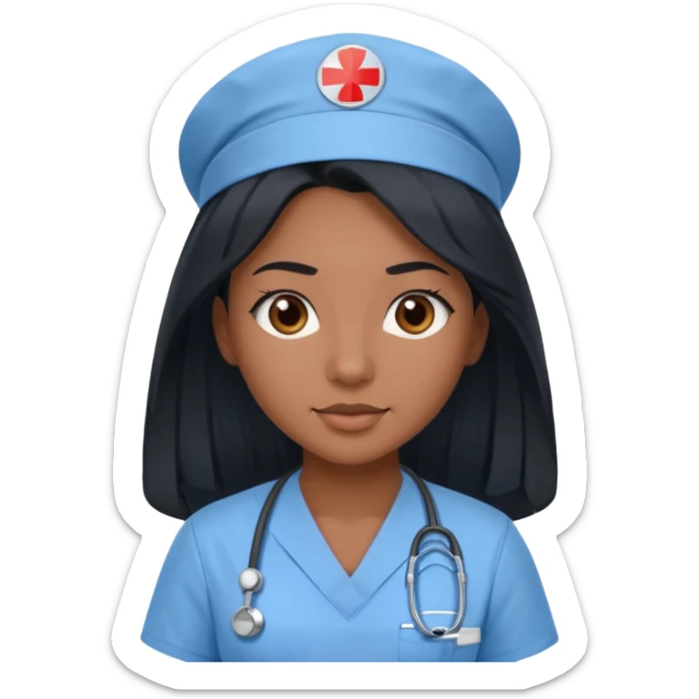pretty brown skin nurse with long black hair and brown eyes in light blue scrubs sticker