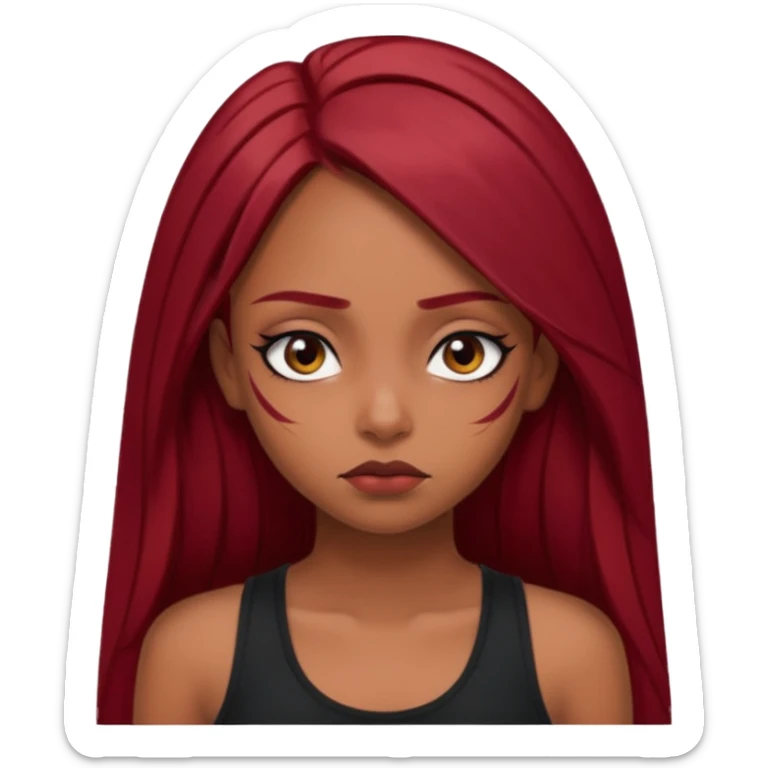 a brown girl with straight long dark red hair, black tank top, eyeliner on. Looking sad sticker