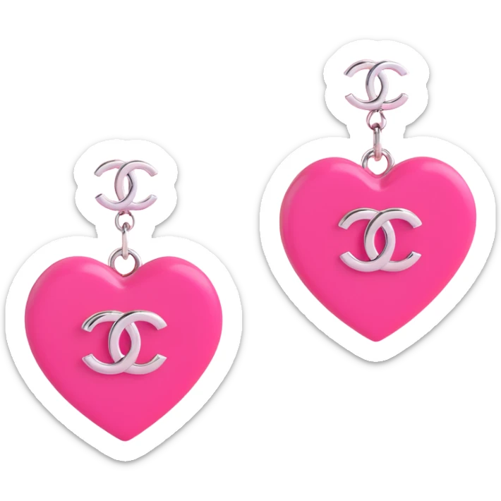 3D emoji-style heart-shaped earrings in pink with a silver Chanel logo in the center, elegant sticker