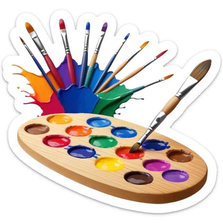 Cinematic Realistic image of a vibrant paint palette and brush, featuring a wooden palette smeared with an array of richly blended colors and a finely detailed brush with soft, delicate bristles, set against a softly textured background that evokes artistic inspiration sticker