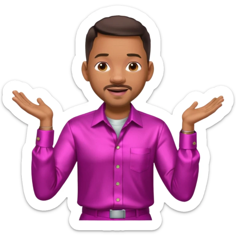 Will Smith with dark brown hair, metallic fuchsia dress shirt, metallic white pants sticker
