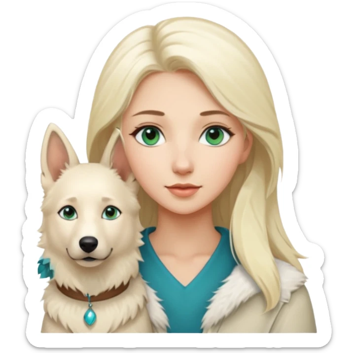 A white blonde Hair Woman with blue Green eyes with a White Shepard with a little bit beige in the fur in a lovely pose  sticker