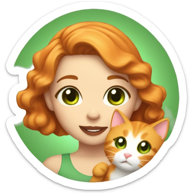 A girl with light brown wavy hair and green eyes big lips and smiling, holding a fluffy orange cat and both of them is pretty sticker