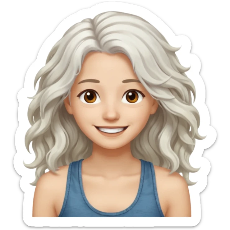 woman with wavy long white hair and brown eyes. smiling in a grunge tanktop sticker