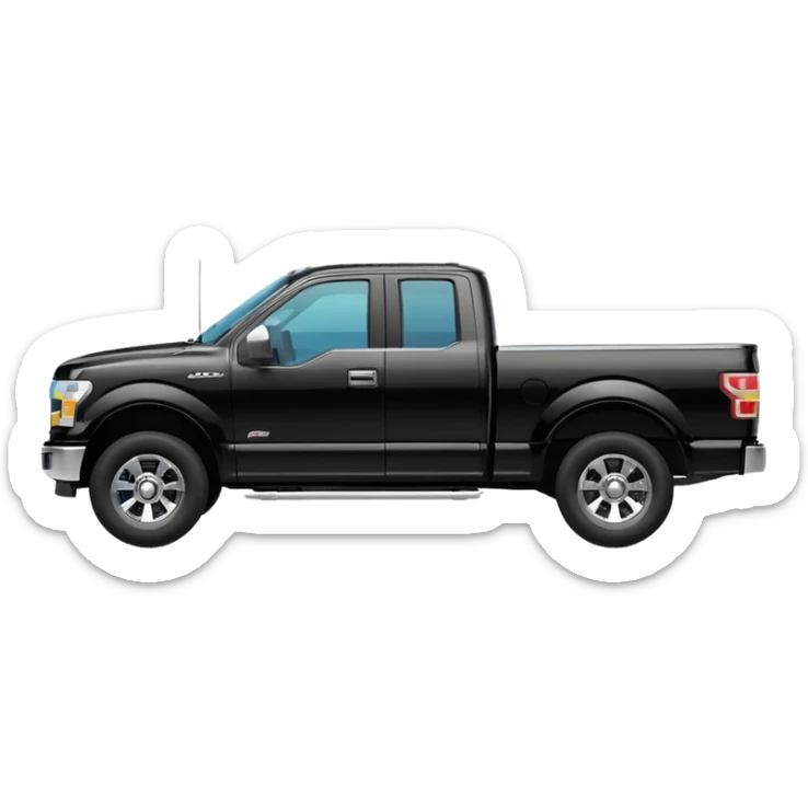 A simple emoji-style icon of a single black F150 pickup truck driving on a road, viewed from the side, shiny black color with chrome details, minimal flat design, vibrant colors, transparent background sticker