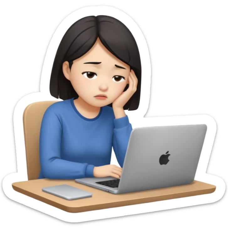 Create an emoji of a tired girl of Asian descent, sitting at a laptop, looking exhausted and frustrated. They have slouched posture, representing overwork and burnout. sticker