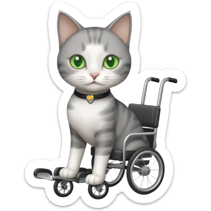full body small short hair dark grey and white cat with green eyes walking in a wheelchair for cats sticker