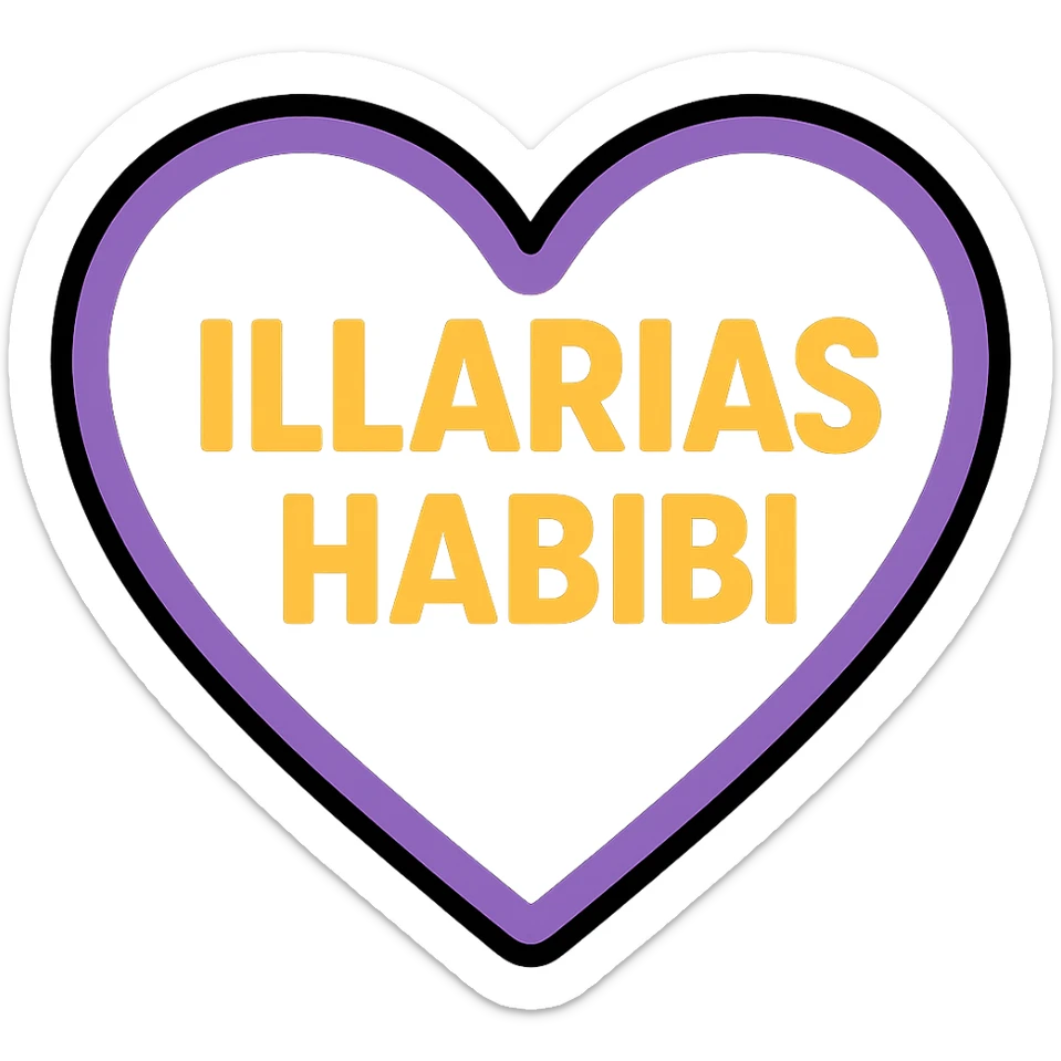 Change the font of the text 'Illarias Habibi' to a bold sans-serif style, keeping the black heart with purple outline and no background. sticker