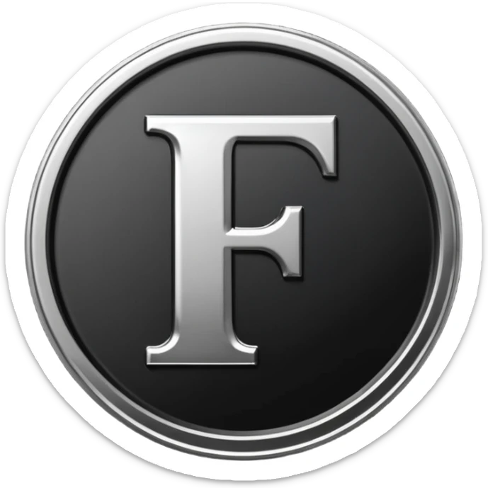 Emoji icon of a black coin with engraved letter F, minimalist style, isolated, no color sticker