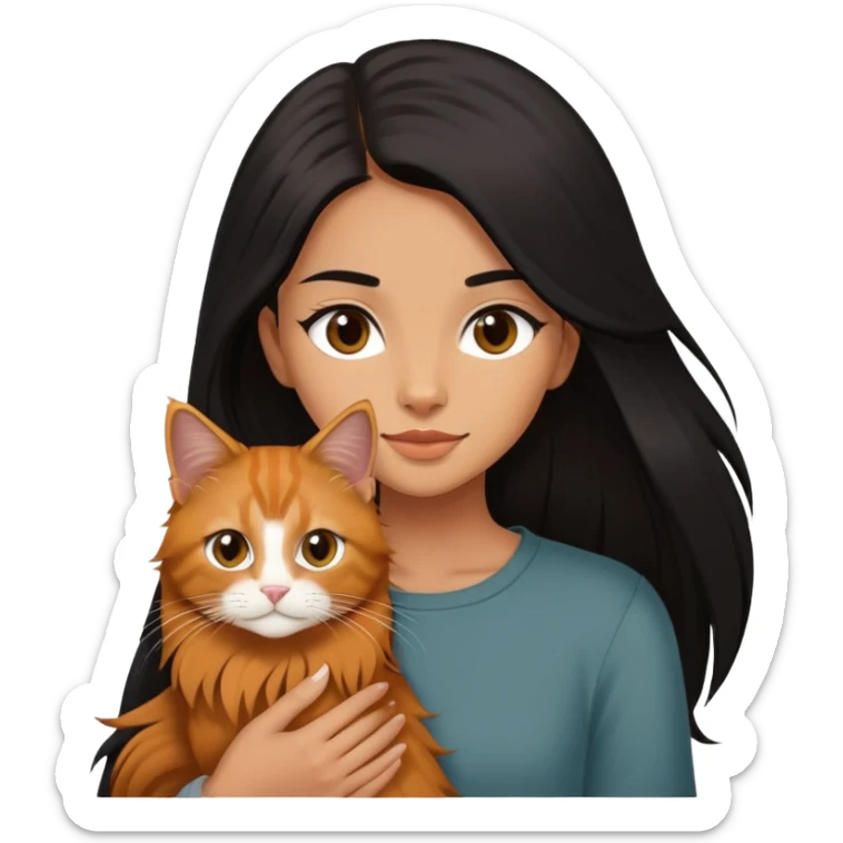 Une fille a la peau mat et yeux marron et au cheveux long lisse et noir portant un chat type Maine coon de couleur roux  sticker