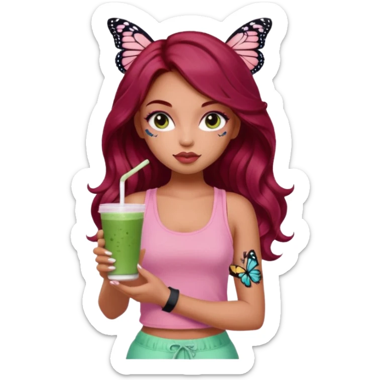 a pretty fair bratz girl with wavy dark red hair, wearing a pink tank top , carrying a matcha . eyeliner on. butterfly tattoo on arm sticker