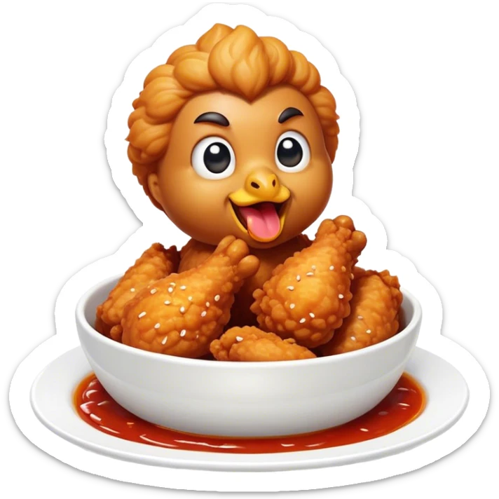 Korean Fried Chicken Cinematic Realistic Korean Fried Chicken Dish Emoji, depicted as bite-sized chicken chunks generously coated in a glossy, spicy sauce, in a bowl. sticker