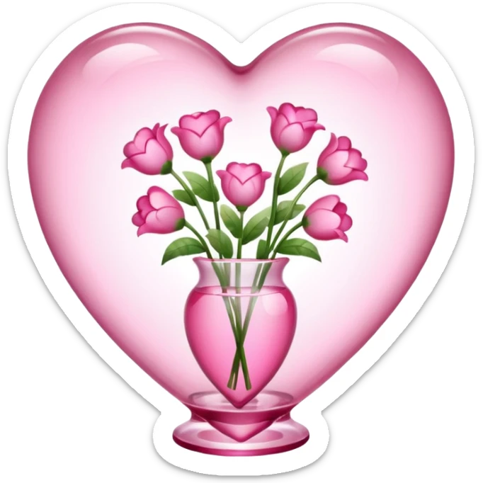 transparent vase in the shape of a pink heart filled with pink heart-shaped flowers sticker