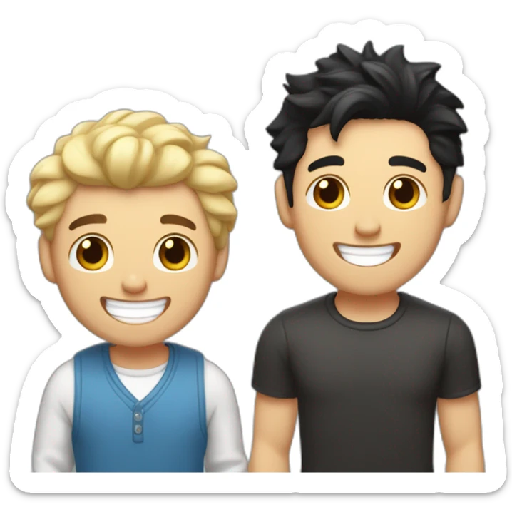 Gay couple, 1 guy Latino black straight hair and 1 Australian white guy with blonde slightly curly hair laughing full body and a cat in the middle sticker