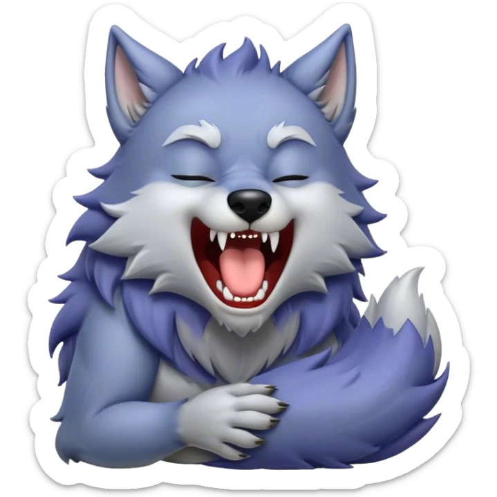 Cinematic Cute Yawning Werewolf Portrait Emoji, with a cuddly, miniature lupine form in soft moonlit grays and silvers, head leaning back in a big, adorable yawn that reveals a few fuzzy teeth, simplified yet irresistibly charming, highly detailed with a soft glowing outline that captures the drowsy, playful essence of a werewolf mid-nap! sticker