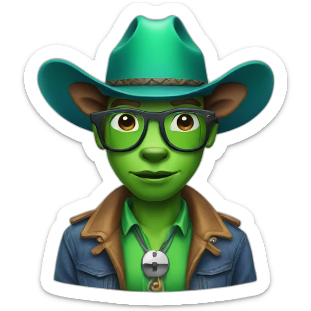 A cow boy with a green skin, with blue glasses and with a youtube logo in his chest sticker