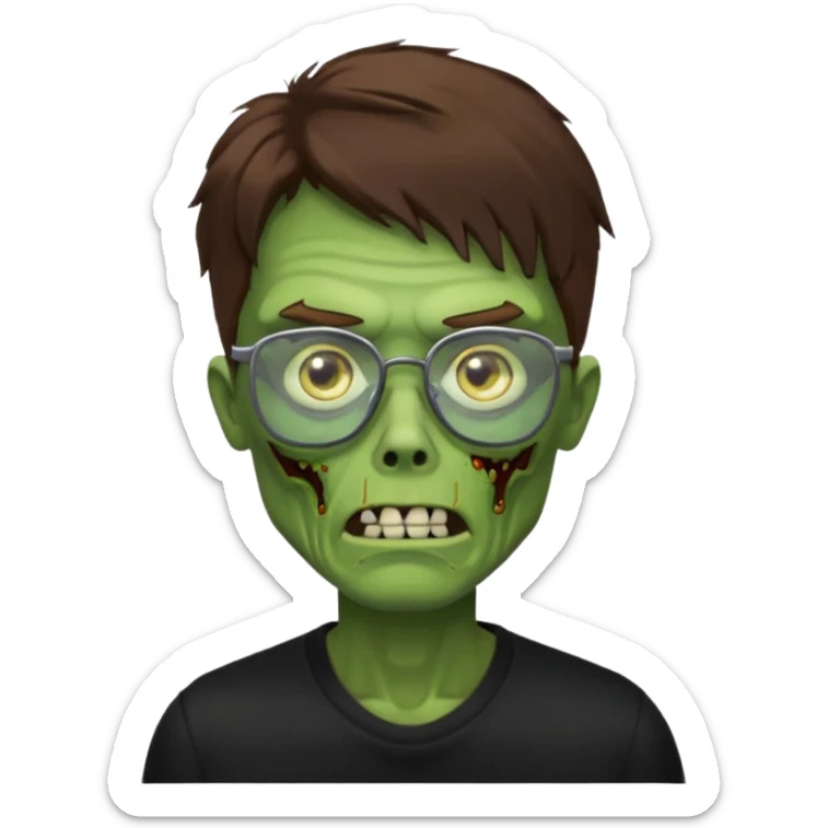 Green zombie, brown hair, black glasses, black shirt. iOS style. sticker