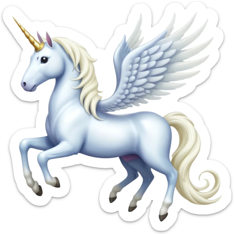 All white Cinematic Noble Unicorn with wings, slender with a flowing mane and tail and spiraled horn sticker