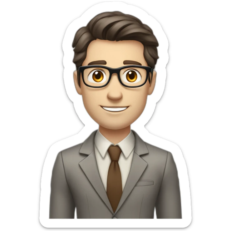 Pale skinned fit man teacher with dark brown hair in gray jacket, beige office shirt, brown tie, brown pants and vintage glasses Writing on the marker board sticker