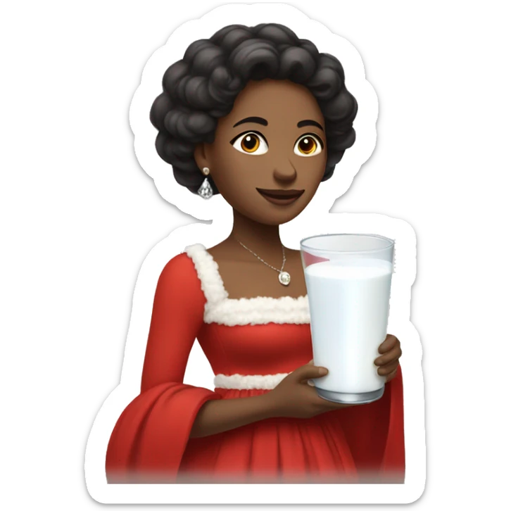 A woman wearing a red dress with white fluff on the hem, holding a fancy glass filled with milk sticker