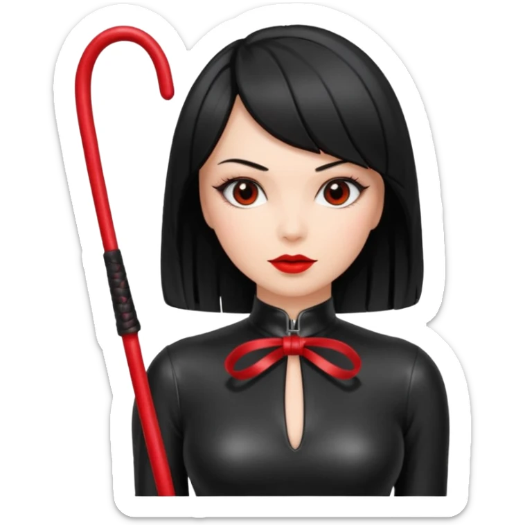 madam with straight bob black hairstyle in black latex with red whip in hand sticker