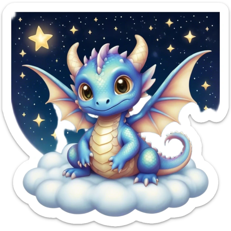 Airbrush painted image of an adorable little baby dragon with large glistening eyes sitting on a cloud under a deep galactic sky with pearlescent scales and wings spread against the stars sticker