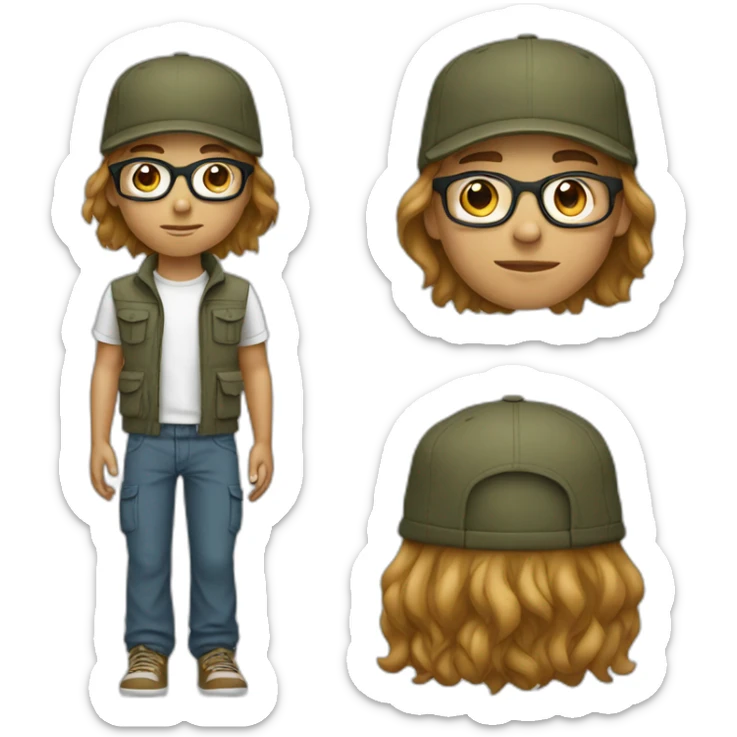 smooth hair,young boy with long hair and cap and Cargo pants and have glasses sticker
