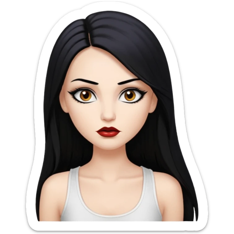 White woman with a white tank top long black hair glossy middle part straight long hair vamp look  brown eyes eyeliner winged with lashes top and bottom white border big lips black eyebrows sticker