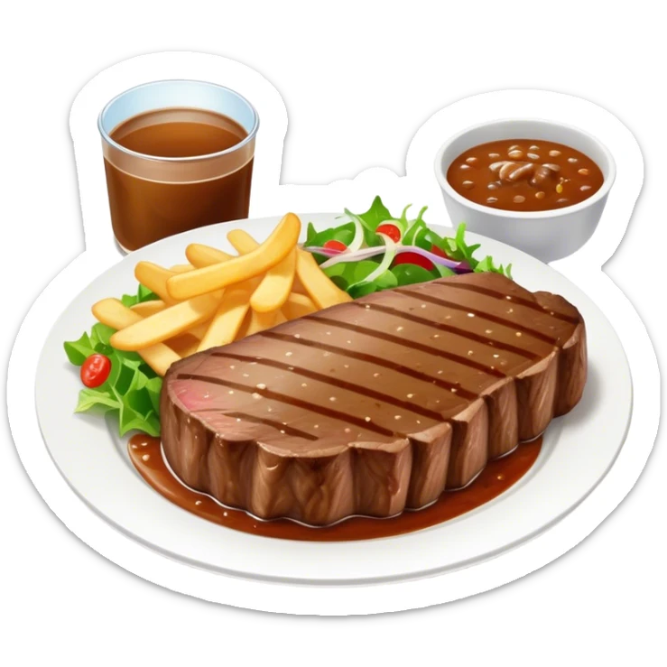 big juicy australian steak meal featuring chips, small salad in a ramiken and gravy  sticker